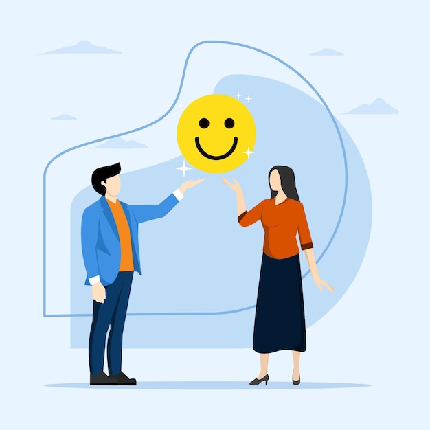 Employee happiness concept happy businessman and woman holding smiley face symbol at happy workplac