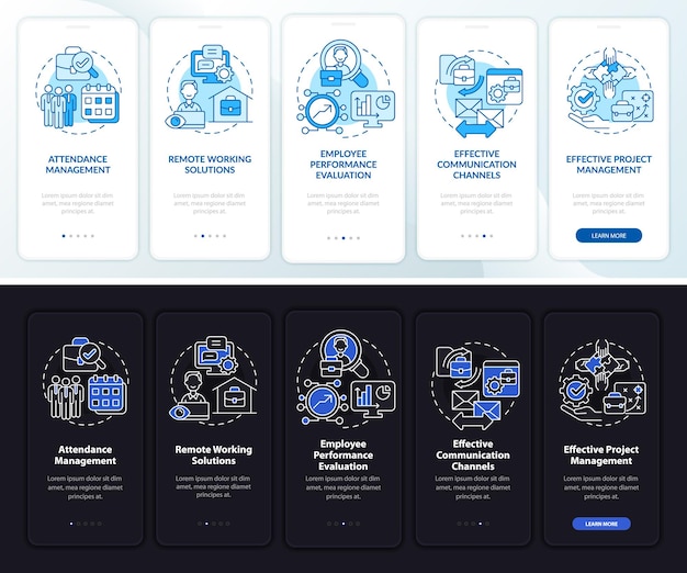 Professionisti del monitoraggio dei dipendenti schermata della pagina dell'app mobile onboarding scura e chiara