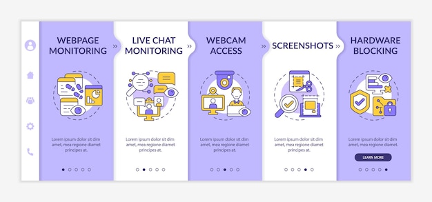 employee monitoring software features onboarding vector template. responsive mobile website with icons. web page walkthrough 5 step screens. work tracking color concept with linear illustrations