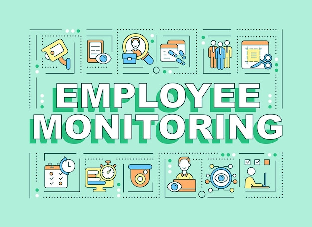 직원 모니터링 단어 개념 배너입니다. 생산성 추적. 녹색 배경에 선형 아이콘으로 인포 그래픽입니다. 고립 된 창조적 인 인쇄술. 텍스트와 벡터 개요 컬러 일러스트