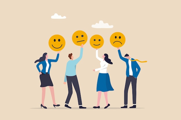 従業員の士気チームの精神は仕事の情熱または仕事の満足度労働者の幸福または感情の態度と動機の概念ビジネスマンとビジネスウーマンのチームが感情の幸せと悲しい顔を示す