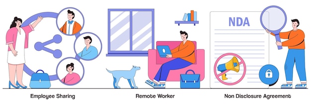 Employee sharing, remote worker, nondisclosure agreement concept with tiny people. employment options vector illustration set. sign contract, freelance worker, confidential information metaphor.