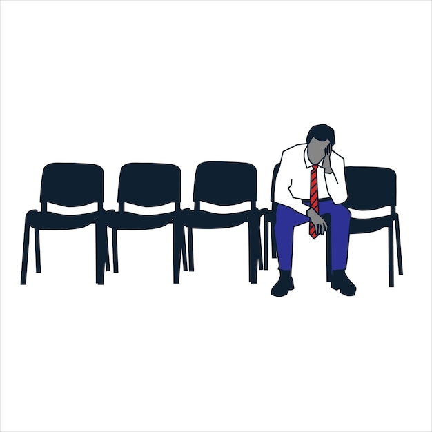 An employee sitting alone prompting his head. Desperate businessman alone sitting chairs.