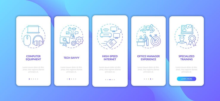 Vector employee skills dark blue onboarding mobile app page screen with concepts