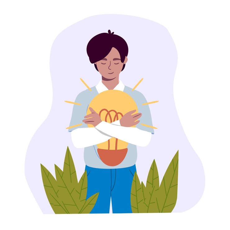 वेक्टर employee with lightbulb concept man with idea inspiration and illumination entrepreneur and businessman with startup or business project creativity and aspiration cartoon flat vector illustration