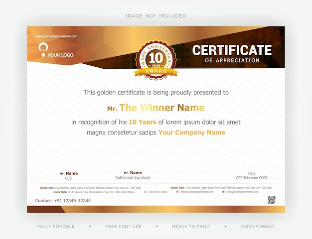 Employee work anniversary ten years appreciation award golden certificate elegant template