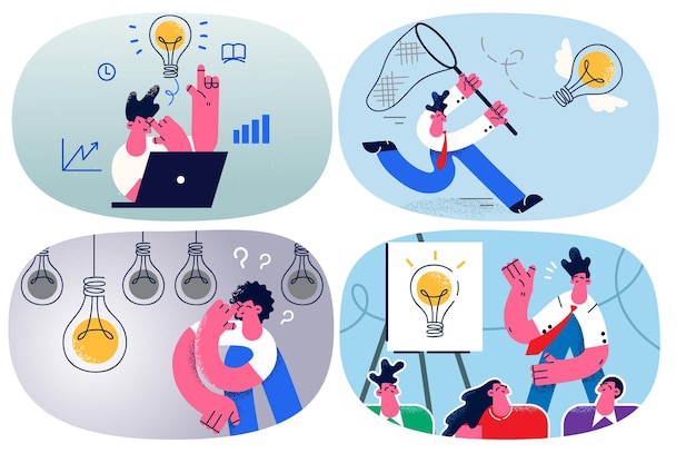 Employee work in office think generate business idea or plan for goal achievement. Businesspeople brainstorm search for innovative startup develop project. Innovation. Vector illustration. Set.