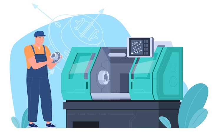Vector the employee works for industrial machines for processing metal wood and plastic production of parts on mechanical machines electronic equipment engineering technologies vector illustration