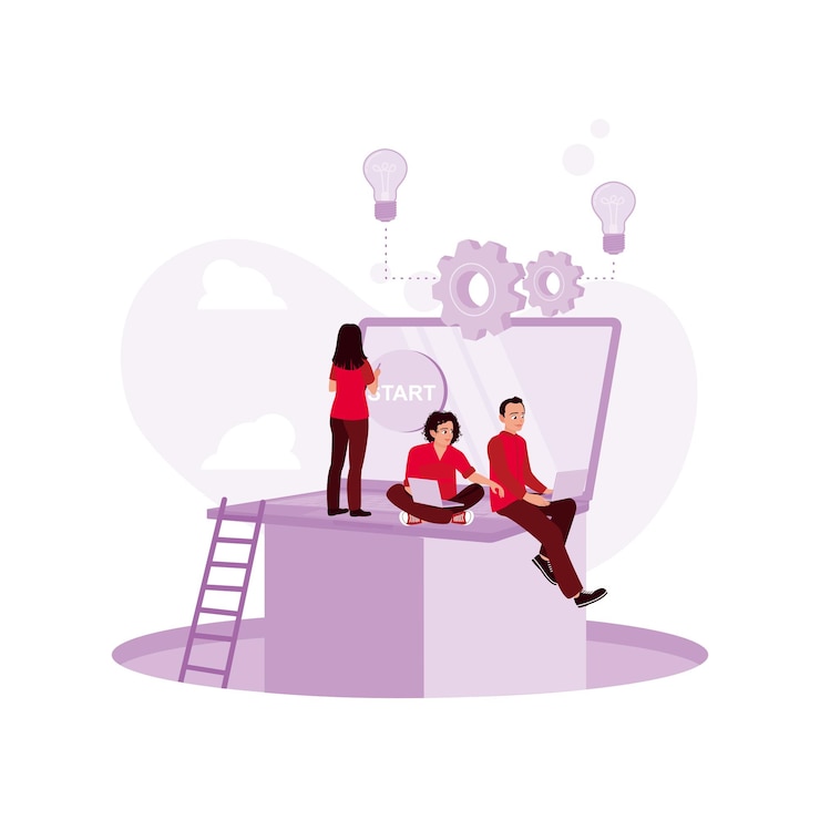 Vector employees in a company work in their respective fields and cooperate business startup concept