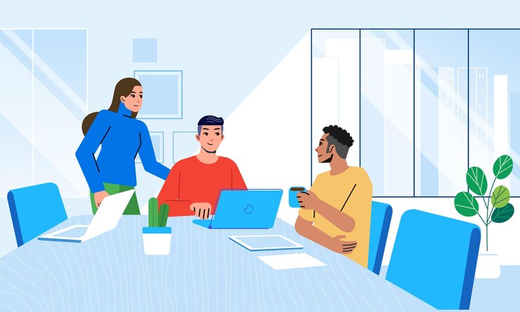 Vector employees coworkers teamwork discuss project generate ideas at modern startup office