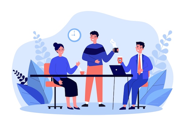 Vector employees drinking coffee together. office workers enjoying morning coffee break   illustration. communication, colleagues meeting concept for banner, website  or landing web page