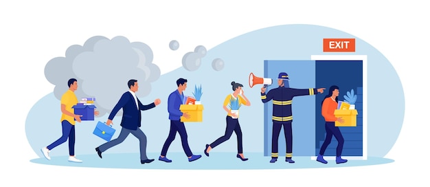 Vector employees leaving office workplace in lifethreatening situation building evacuation procedure fireman with megaphone announces fire emergency evacuation alarm firefighter with loudspeaker