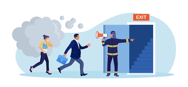 Premium Vector | Employees leaving office workplace in lifethreatening  situation building evacuation procedure fireman with megaphone announces  fire emergency evacuation alarm firefighter with loudspeaker