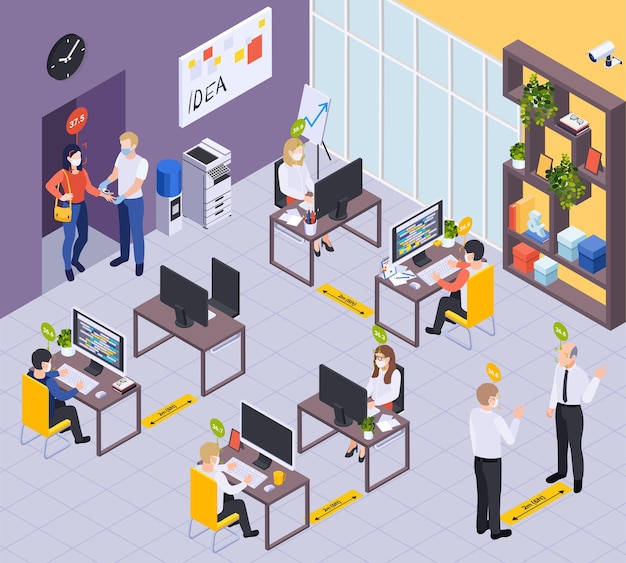 employees in office interior with markup for social distancing and medical testing at entrance isometric illustration