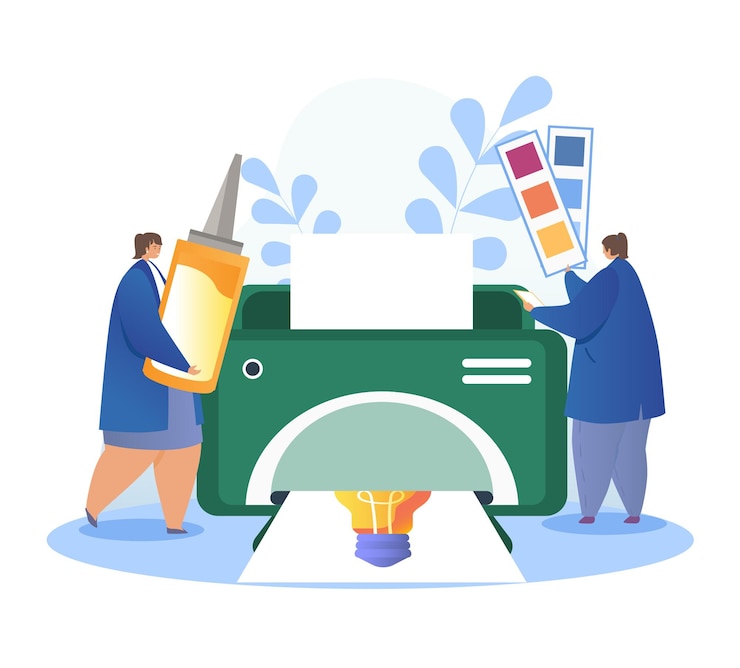 Vector employees in office printshop or polygraphy refill cartridge in printer service maintenance flat