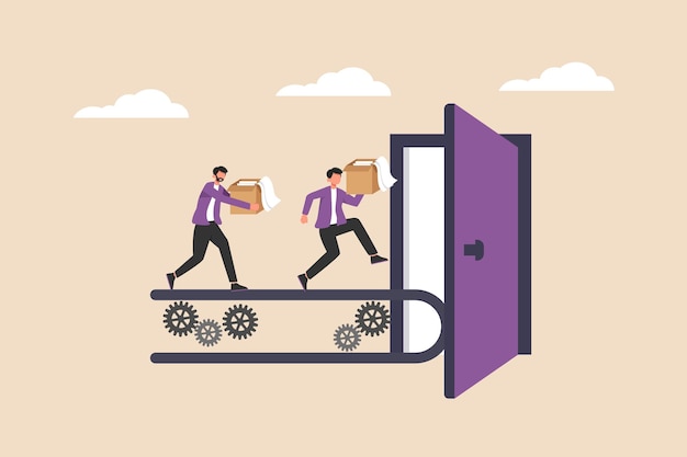 Vector employees resign and walk on the gears through the exit door human resources concept colored flat graphic vector illustration isolated