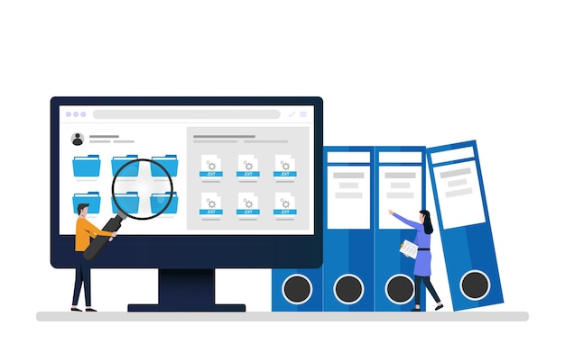 Dipendenti che cercano e indicizzano i documenti dei file. file manager e illustrazione del concetto di archiviazione dei dati.