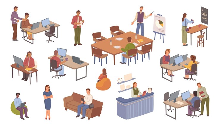 Vector employees working in office workers at jobs set