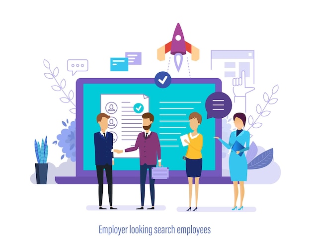 Employer looking search employees Conduct an interview with candidate for job human resources management personnel department Recruitment for joint startup project teamwork Vector illustration