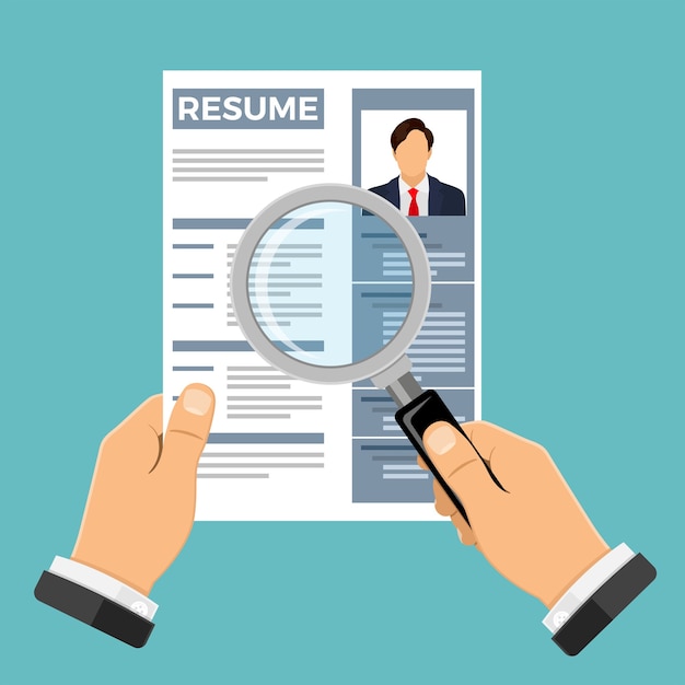 employment, recruitment and hiring concept. job agency human resources. hands with job seeker resume and magnifier.