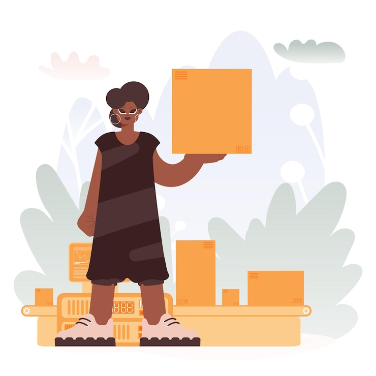 Vector empowered transport lively woman with box on transport