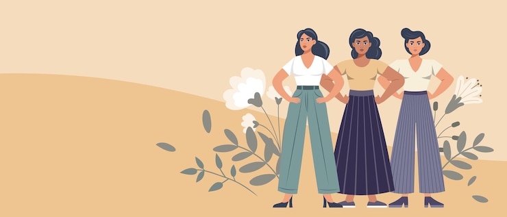 Vector empowered women on floral background feminisme en gelijkheidsconcept vlakke illustratie