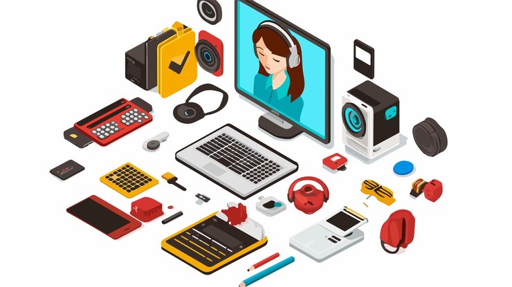 Vector empowering women with technology through isometric wide angle centered concept