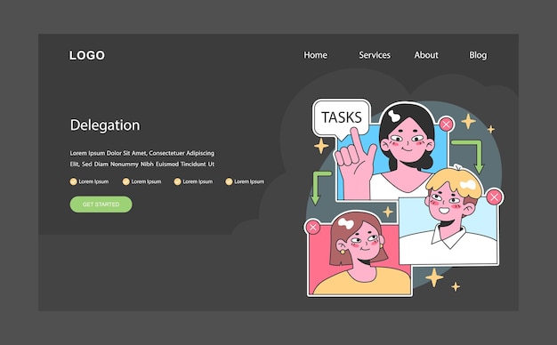 Empowerment donkere of nachtelijke modus web landing teamleider delegeert effectief taken aan teamleden