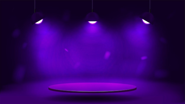 Vector an empty 3d podium with glowing lamps floating platform on a purple background