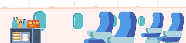 Vettore interno vuoto dell'aeroplano con sedie vicino a finestre e carrello con pasti e bevande cabina dell'aereo passeggeri business class o salone economico in jet cartoon vector illustration