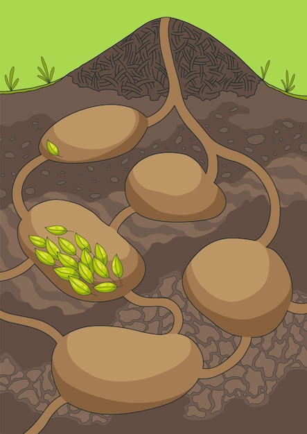 Vector empty anthill in section under ground termite nests with labyrinths house for forest insects hand drawn vector illustration