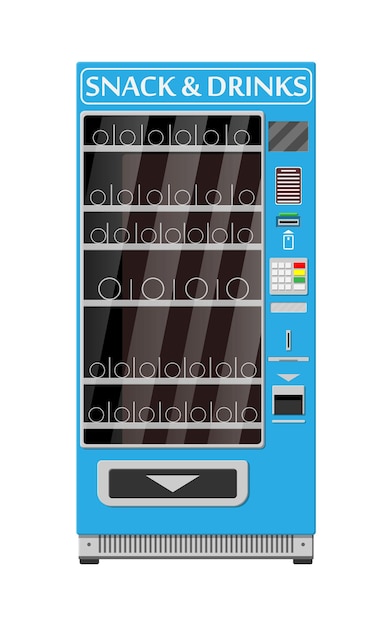 Distributore automatico vuoto per alimenti e bevande. bottiglie e lattine con bevande, patatine, cioccolato e altri snack. illustrazione vettoriale in stile piatto