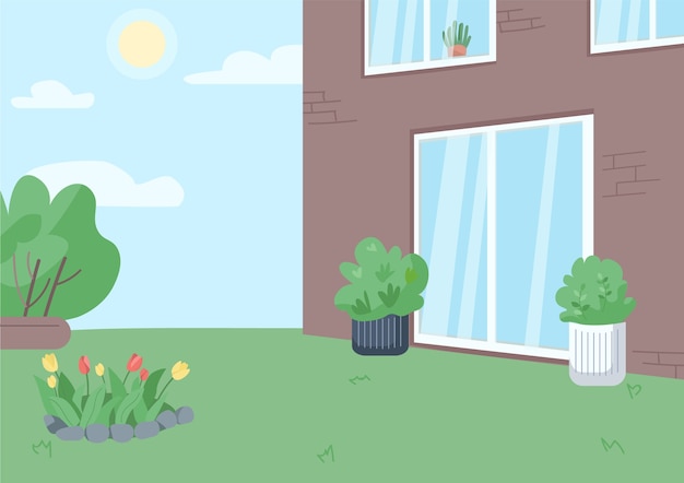 Empty backyard flat color illustration. residential building yard with no people 2d cartoon landscape with sunny sky on background. countryside real estate, suburban lifestyle