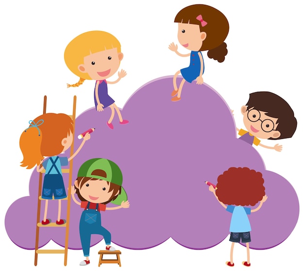 Empty banner cloud shape with many kids cartoon character