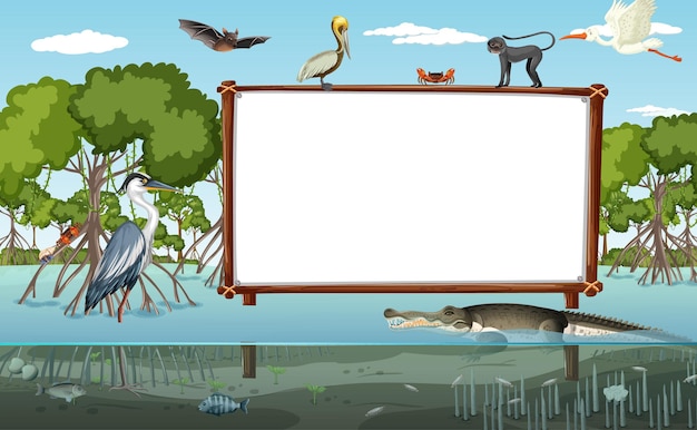 Empty banner in mangrove forest scene with wild animals