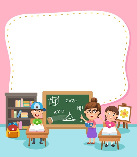 Empty banner template with children in classroom illustration