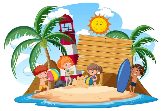 白い背景の上のビーチで夏休みの子供キャラクターと空のバナーテンプレート