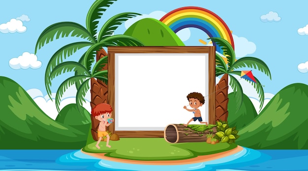 Empty banner template with kids on vacation at the beach daytime scene