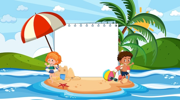 Modello di banner vuoto con bambini in vacanza sulla scena diurna della spiaggia