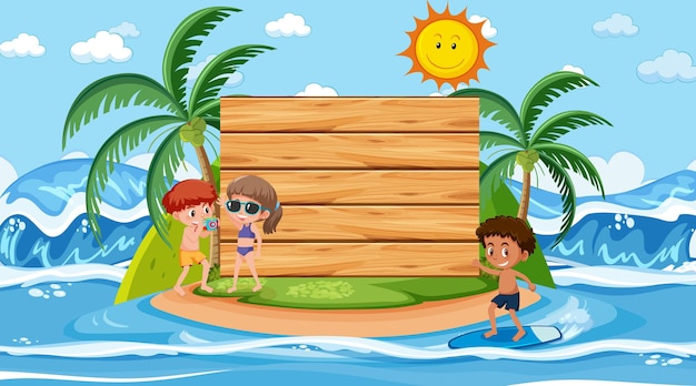 Modello di banner vuoto con bambini in vacanza sulla scena diurna della spiaggia