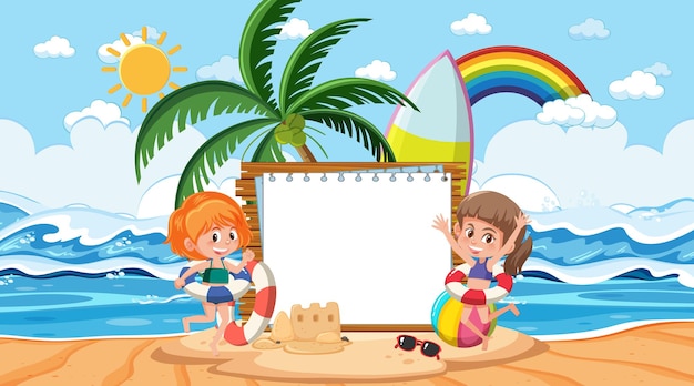 Modello di banner vuoto con bambini in vacanza sulla scena diurna della spiaggia