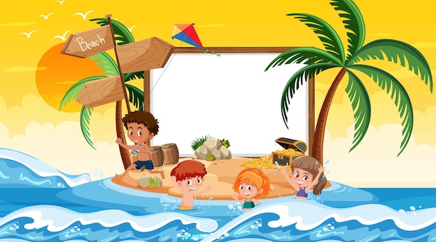 Modello di banner vuoto con bambini in vacanza sulla scena del tramonto sulla spiaggia