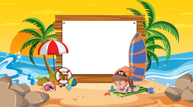 Modello di banner vuoto con bambini in vacanza sulla scena del tramonto sulla spiaggia