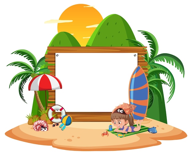 Vector empty banner template with kids on vacation at the beach on white background