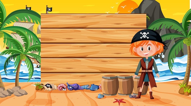 Vector empty banner template with pirate girl at the beach sunset scene