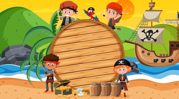 Empty banner template with pirate kids at the beach sunset scene