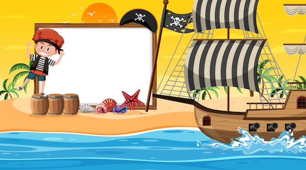 Empty banner template with pirate kids at the beach sunset scene
