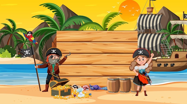 Пустой шаблон баннера с пиратами на пляже на закате
