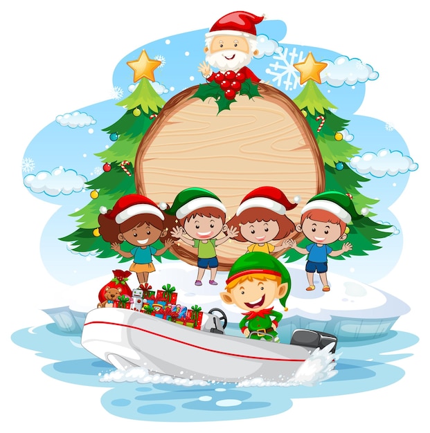 Empty banner with christmas elves delivering gifts by a boat