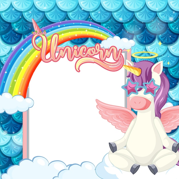 Banner vuoto con simpatico personaggio dei cartoni animati di pegasus su scale di sirena pastello